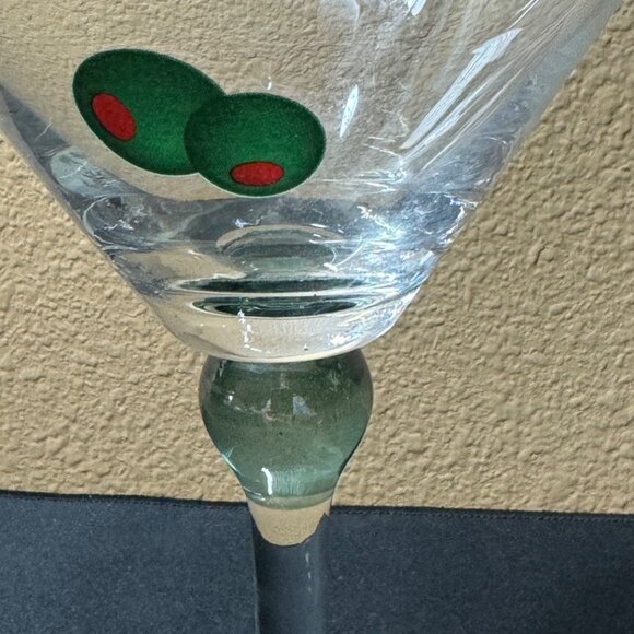 Martini Glasses With Hand Painted  Olive Design & Green Base Set Of Two - Picture 5 of 7